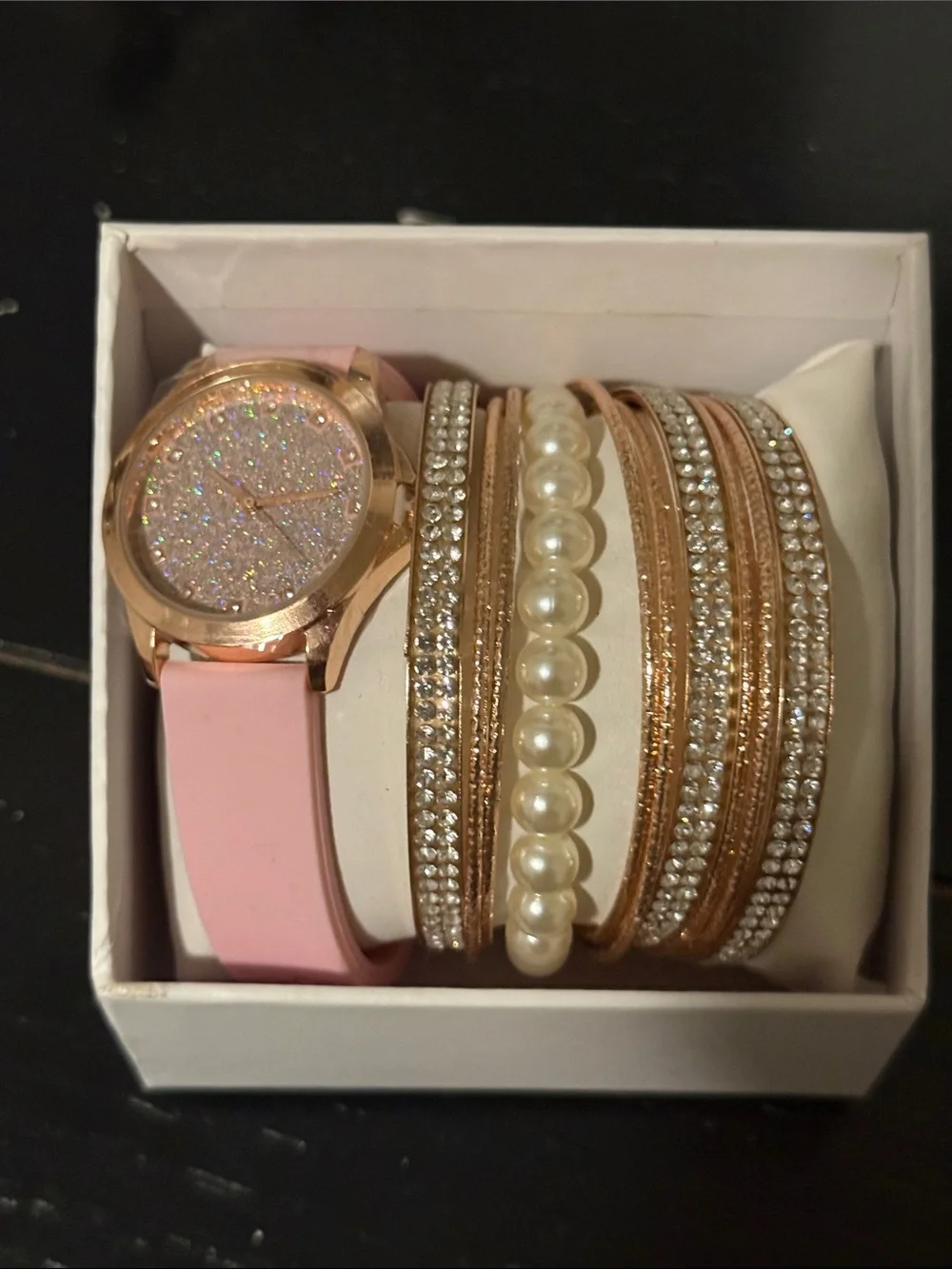 Pink Glitter Ladies Watch with Rose Gold, Rhinestone & Pearl Accent Bracelets